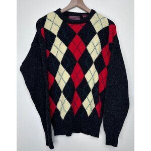 Kenneth Stevens Shetland Wool Sweater Mens Medium Black Red Argyle Fuzzy